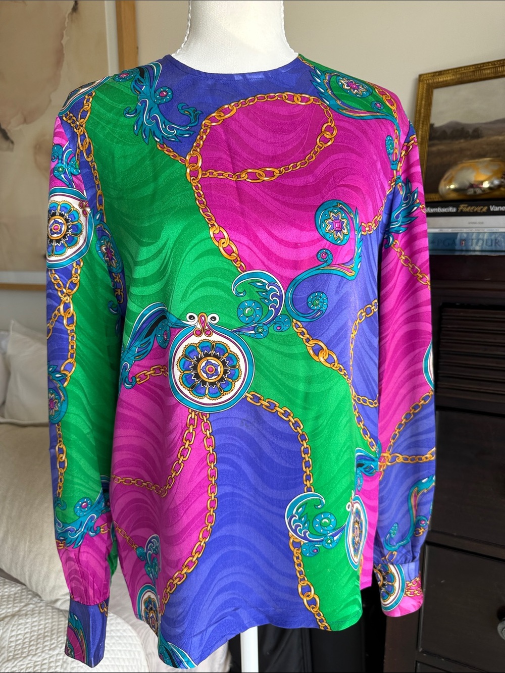 Adrianna Papell Green, Pink & Gold Silk Blouse - Size Sm